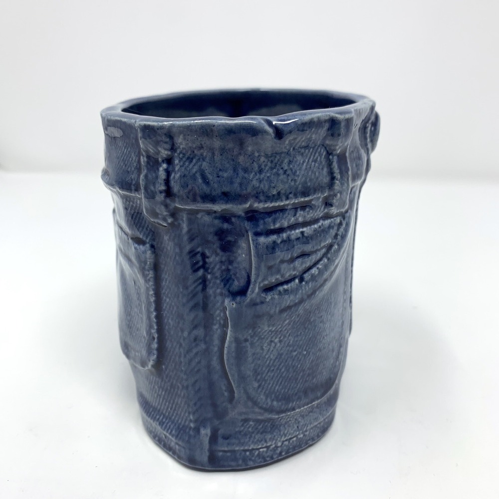 Vintage DENIM Look Blue Jeans Ceramic Planter Vase Textured Pop Art Novelty - Picture 4 of 11